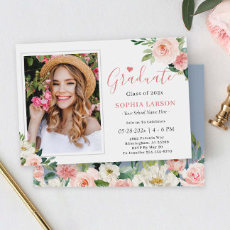 Blush Pink Dusty Blue Floral Photo Graduation Invitation