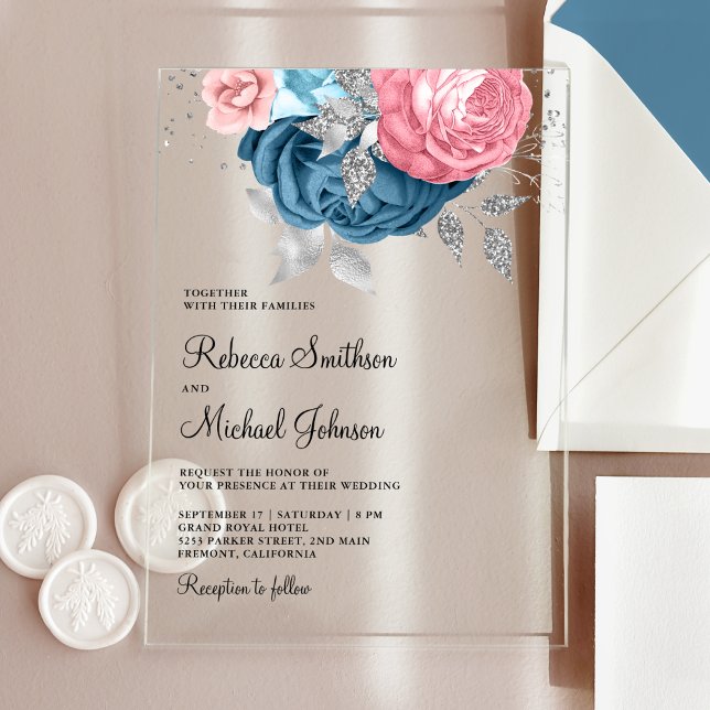 Blush Pink Dusty Blue Floral Wedding Acrylic Invitations (Creator Uploaded)
