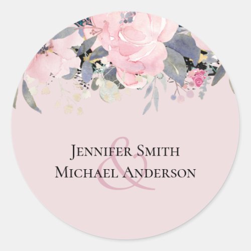 Blush Pink Dusty Blue Floral Wedding Budget Classic Round Sticker