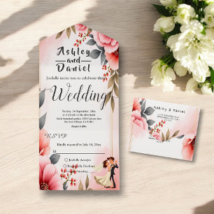 Blush Pink Dusty Rose Bride Groom Floral Wedding All In One Invitation