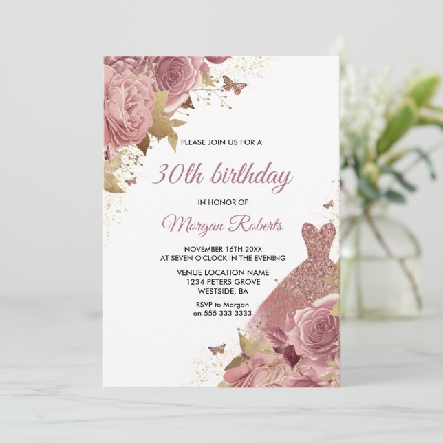 Blush Pink Dusty Rose Dress 30th Birthday Party Invitation (Standing Front)