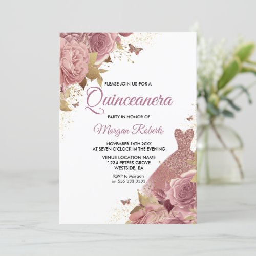 Blush Pink Dusty Rose Dress Quinceanera Party Invitation