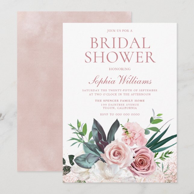 Blush Pink & Dusty Rose Floral Bridal Shower Invitation (Front/Back)