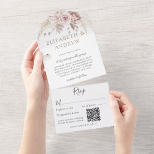 Blush Pink Dusty Rose Floral QR Code All in One Invitation