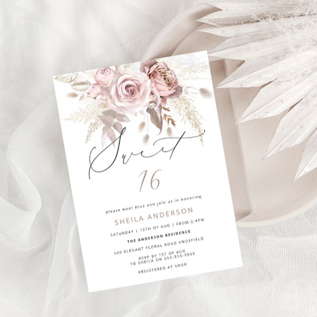 Blush Pink Dusty Rose Floral Sweet 16 Birthday Invitation (Creator Uploaded)