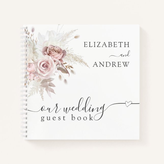  Blush Pink Dusty Rose Floral Wedding Guest Book (Front)