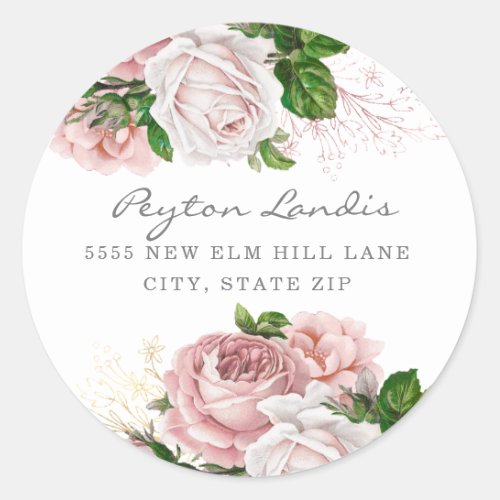 Blush Pink Dusty Rose Floral White Return Address Classic Round Sticker