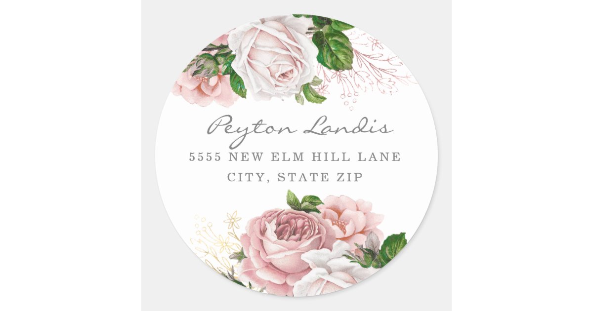 Blush Pink Dusty Rose Floral White Return Address Classic Round Sticker ...