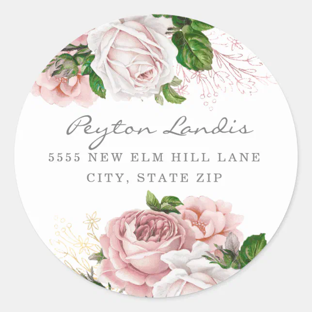 Blush Pink Dusty Rose Floral White Return Address Classic Round Sticker ...