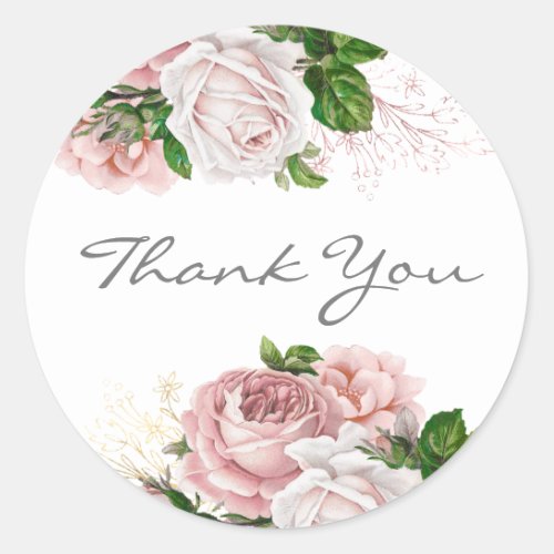 Blush Pink Dusty Rose Floral White Thank You Classic Round Sticker