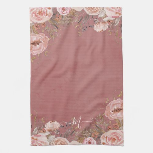 Blush Pink Dusty Rose Watercolor Floral Monogram Kitchen Towel