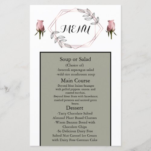 Blush Pink Dusty Sage Wedding Menu with Roses