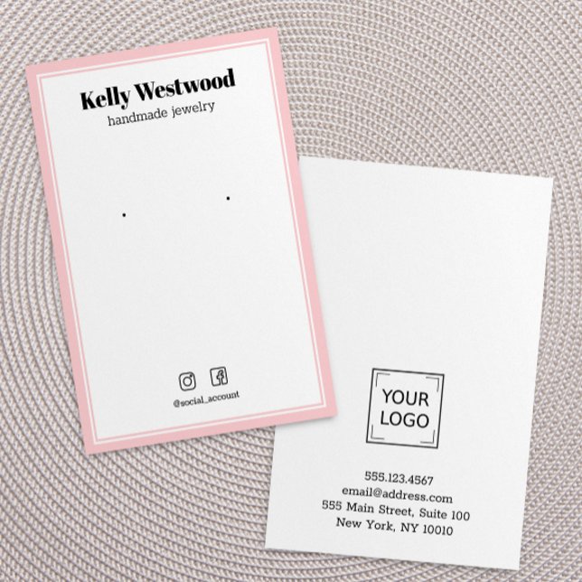 BLUSH PINK EARRING DISPLAY LOGO SOCIAL ICON BUSINESS CARD (Blush pink border earring display card with space for your personal logo and featuring social icons)