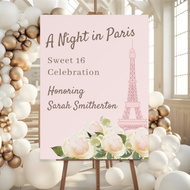 Blush Pink Eiffel Tower Night In Paris Sweet 16  Foam Board ("A night in Paris" Sweet 16 birthday party foam core sign)