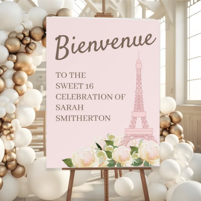 Blush Pink Eiffel Tower Sweet 16 Bienvenue Foam Board ("Bienvenue" Sweet 16 Eiffel Tower/Paris birthday party Welcome sign)