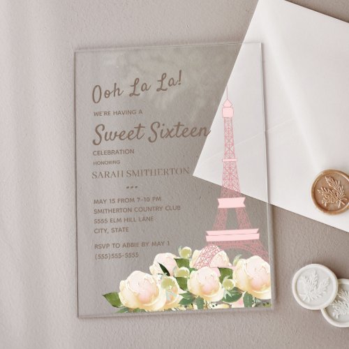 Blush Pink Eiffel Tower White Floral Sweet 16 Acrylic Invitations