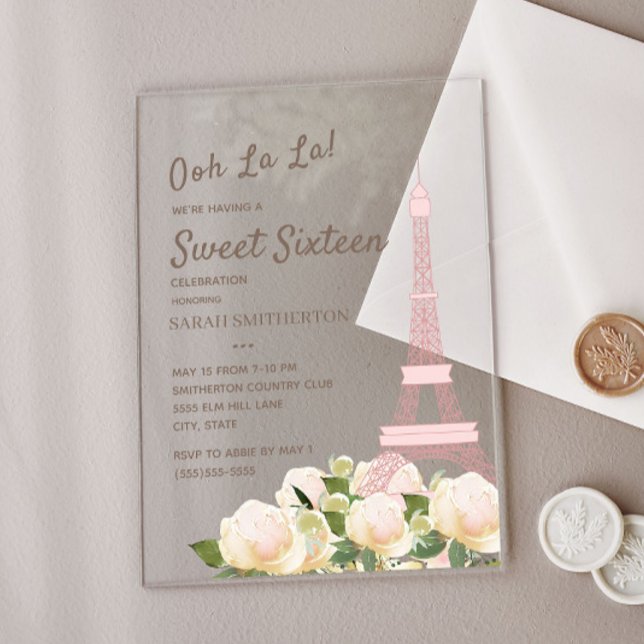 Blush Pink Eiffel Tower White Floral Sweet 16 Acrylic Invitations (Paris / Eiffel Tower acrylic Sweet 16 birthday party invitation)