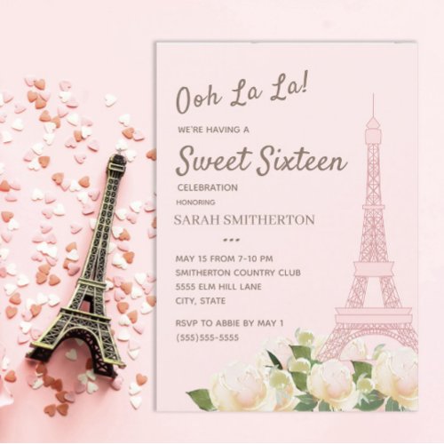 Blush Pink Eiffel Tower White Floral Sweet 16 Invitation