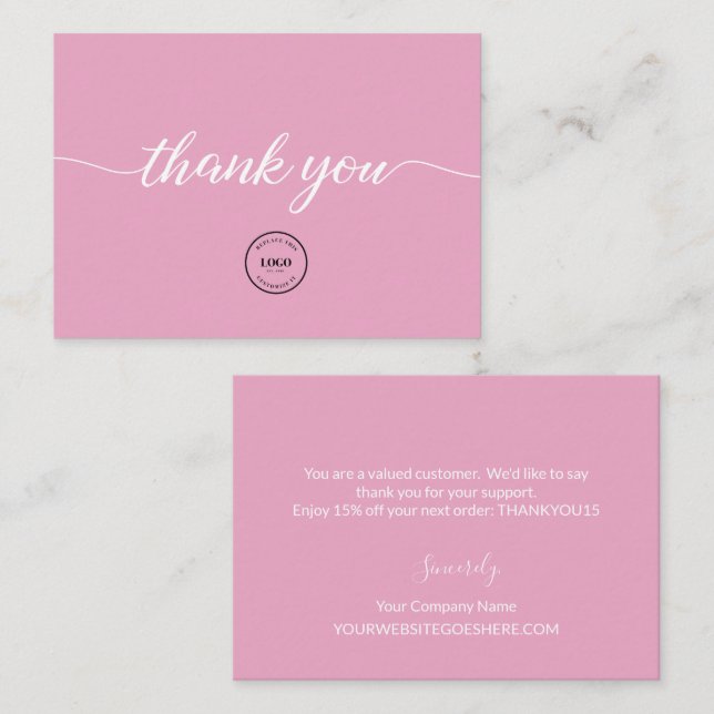 Blush Pink Elegant Business logo thank you script Note Card (Front/Back)