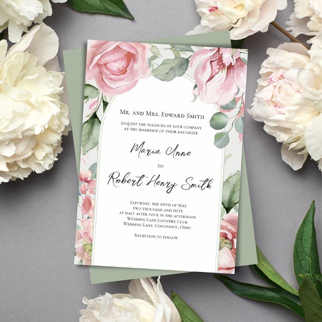 Blush Pink Elegant Floral Arch Rose Greenery Invitation (Blush pink watercolor wedding invitation. )