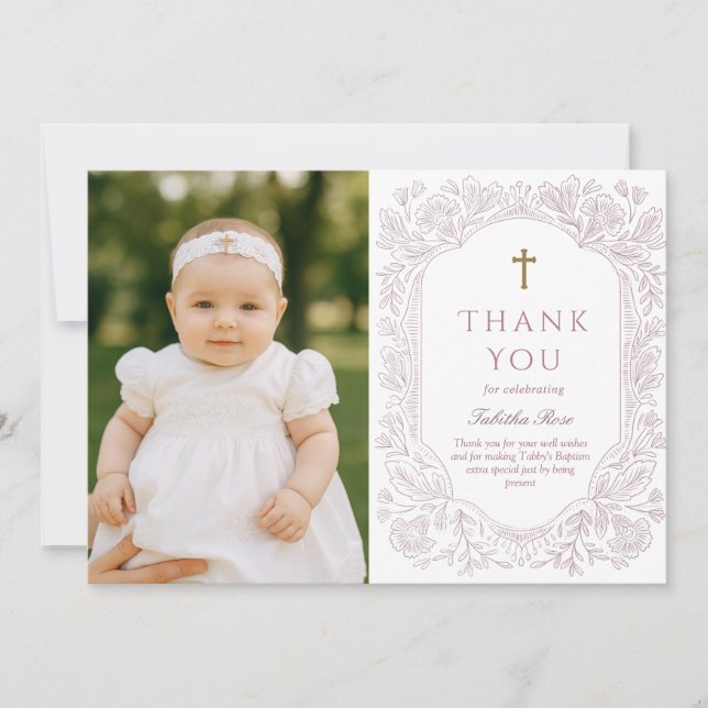 Blush Pink Elegant Floral Baptism Thank You Card (Front)
