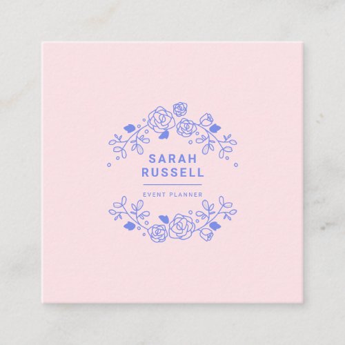 Blush pink elegant floral frame blue event planner square business card