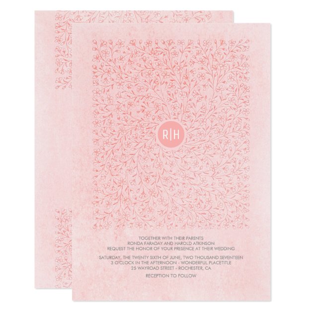 Blush Pink Elegant Floral Vintage Monogram Wedding Invitation