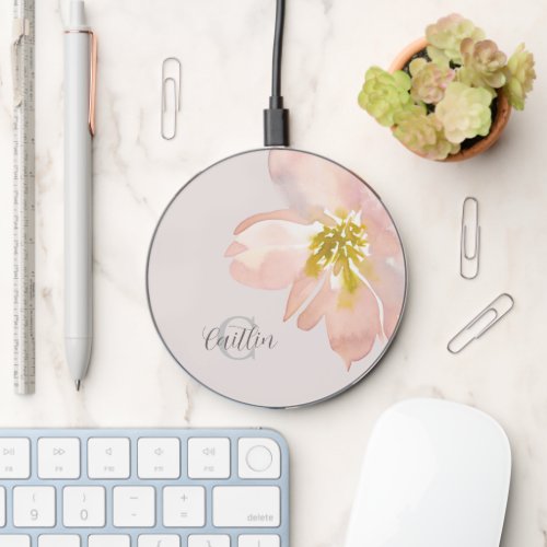Blush Pink Elegant Floral Watercolor Monogram Wireless Charger