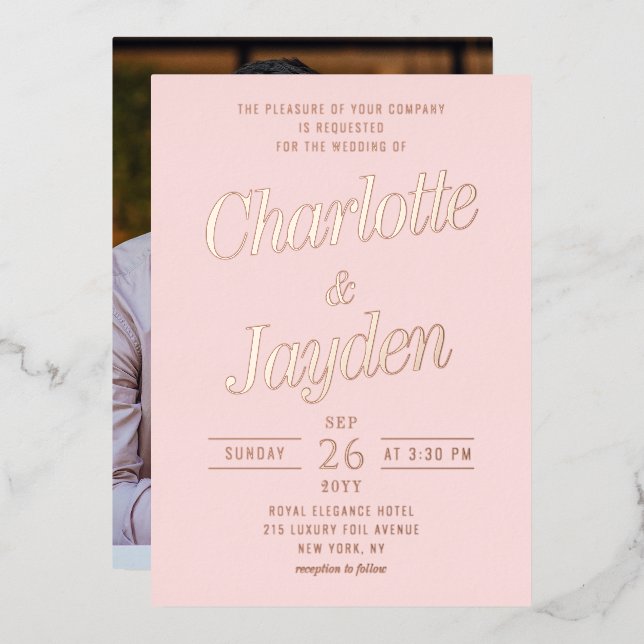 Blush Pink Elegant Foil Script Photo Wedding Foil Invitation (Front/Back)