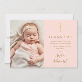 Blush Pink Elegant Gold Baptism Christening Photo Thank You Card | Zazzle