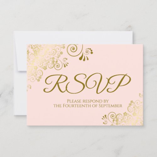 Blush Pink  Elegant Gold Curls Wedding RSVP Card