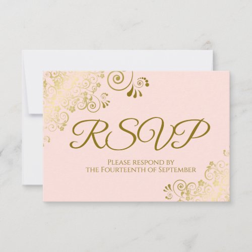 Blush Pink  Elegant Gold Lace Frilly Wedding RSVP Card