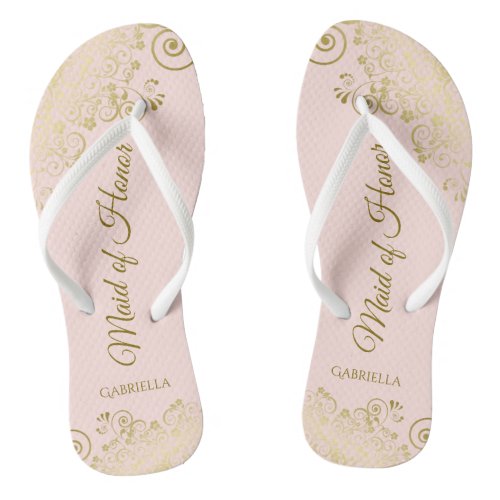 Blush Pink Elegant Gold Lace Maid of Honor Wedding Flip Flops