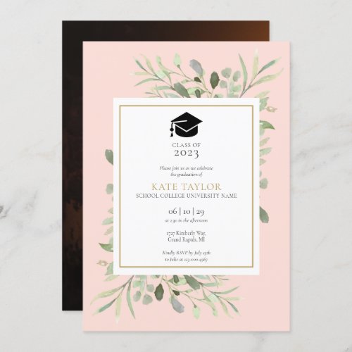 Blush Pink Elegant Greenery Photo Graduation Party Invitation