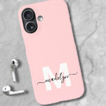 Blush Pink Elegant Minimal Name Monogram iPhone 16 Case<br><div class="desc">Personalized Blush Pink Initial Monogram Phone Case. Add a touch of elegance and femininity to your phone with this stylish personalized phone case. Featuring a soft blush pink background, a crisp white initial letter, and a sleek black script name, this design brings a luxurious, modern look to your everyday accessories....</div>