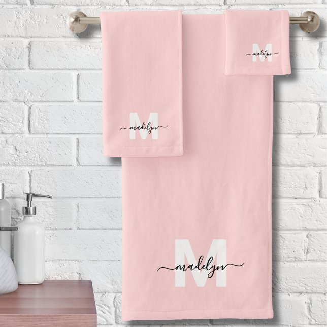 Blush Pink Elegant Minimal Script Name Monogram Bath Towel Set (Blush Pink Elegant Minimal Script Name Monogram Bath Towel Set )