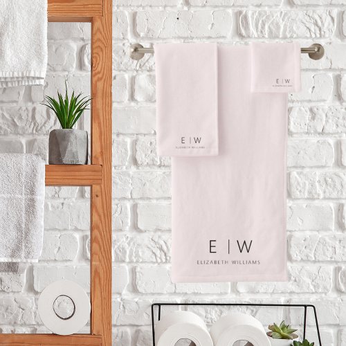 Blush Pink Elegant Minimalist Monogram Name Bath Towel Set