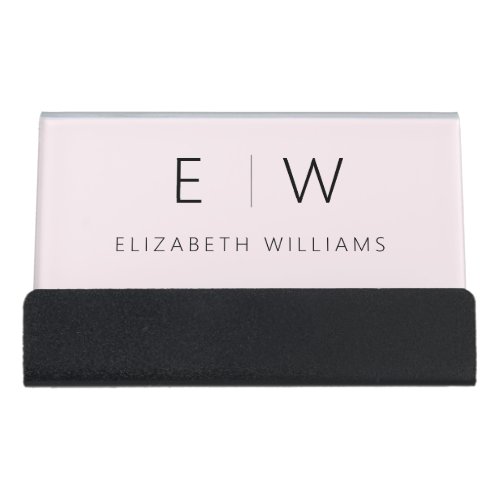 Blush Pink Elegant Modern Minimalist Monogram Name Desk Business Card Holder