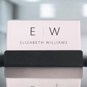 Blush Pink Elegant Modern Minimalist Monogram Name Desk Business Card Holder