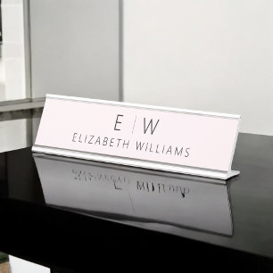 Blush Pink Elegant Modern Minimalist Monogram Name Desk Name Plate