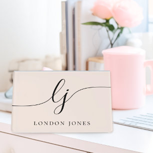 Blush Pink Elegant Modern Monogram Calligraphy Desk Business Card Holder