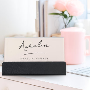 Blush Pink Elegant Modern Monogram Script Name Desk Business Card Holder