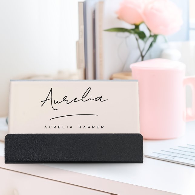 Blush Pink Elegant Modern Monogram Script Name Desk Business Card Holder (Creator Uploaded)