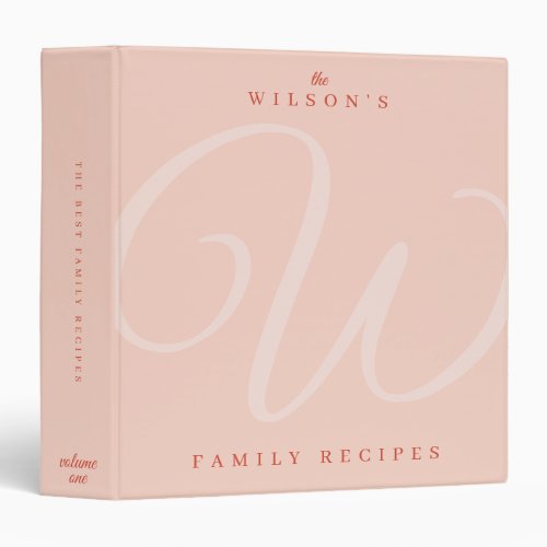 Blush Pink Elegant Monogram Cooking Family Recipe 3 Ring Binder