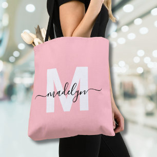 Blush Pink Elegant Script Name Monogram Tote Bag