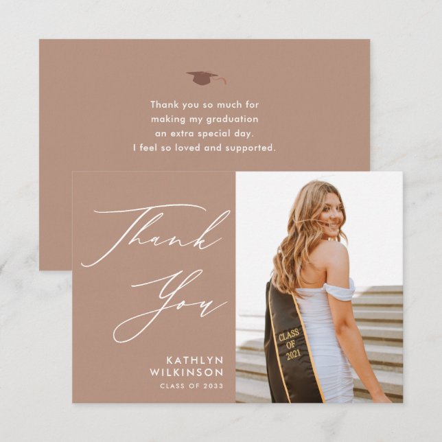 Blush Pink Elegant Script Simple Photo Graduation Thank You Card (Front/Back)