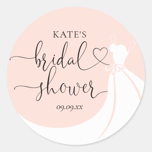 Blush Pink Elegant Wedding Dress Bridal Shower Classic Round Sticker