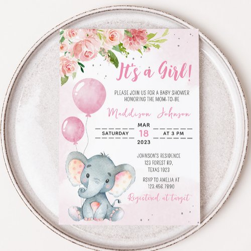 Blush Pink Elephant Baby Shower Invitation