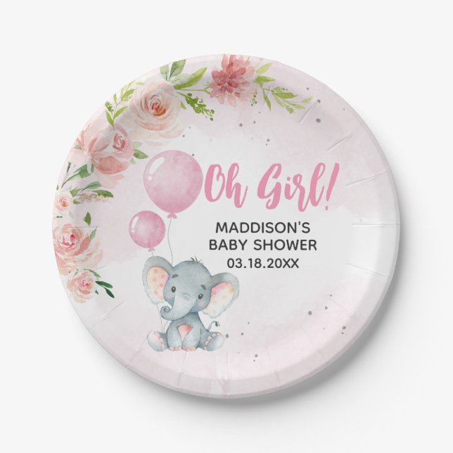 Blush Pink Elephant Baby Shower Paper Plates (Front)