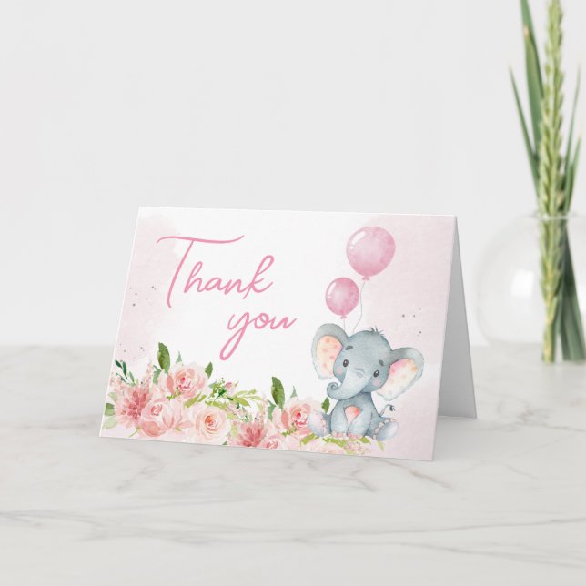 Blush Pink Elephant Baby Shower Thank You Card (Front)